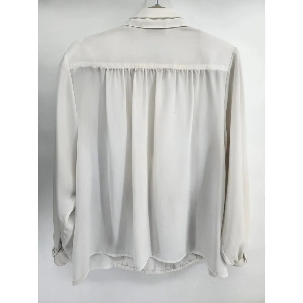 La Blouse Vintage Pleated Front Button Up Shirt Ivory Size 16